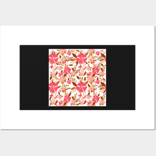 Pastel Color Floral Pattern - Pink Brown White Posters and Art